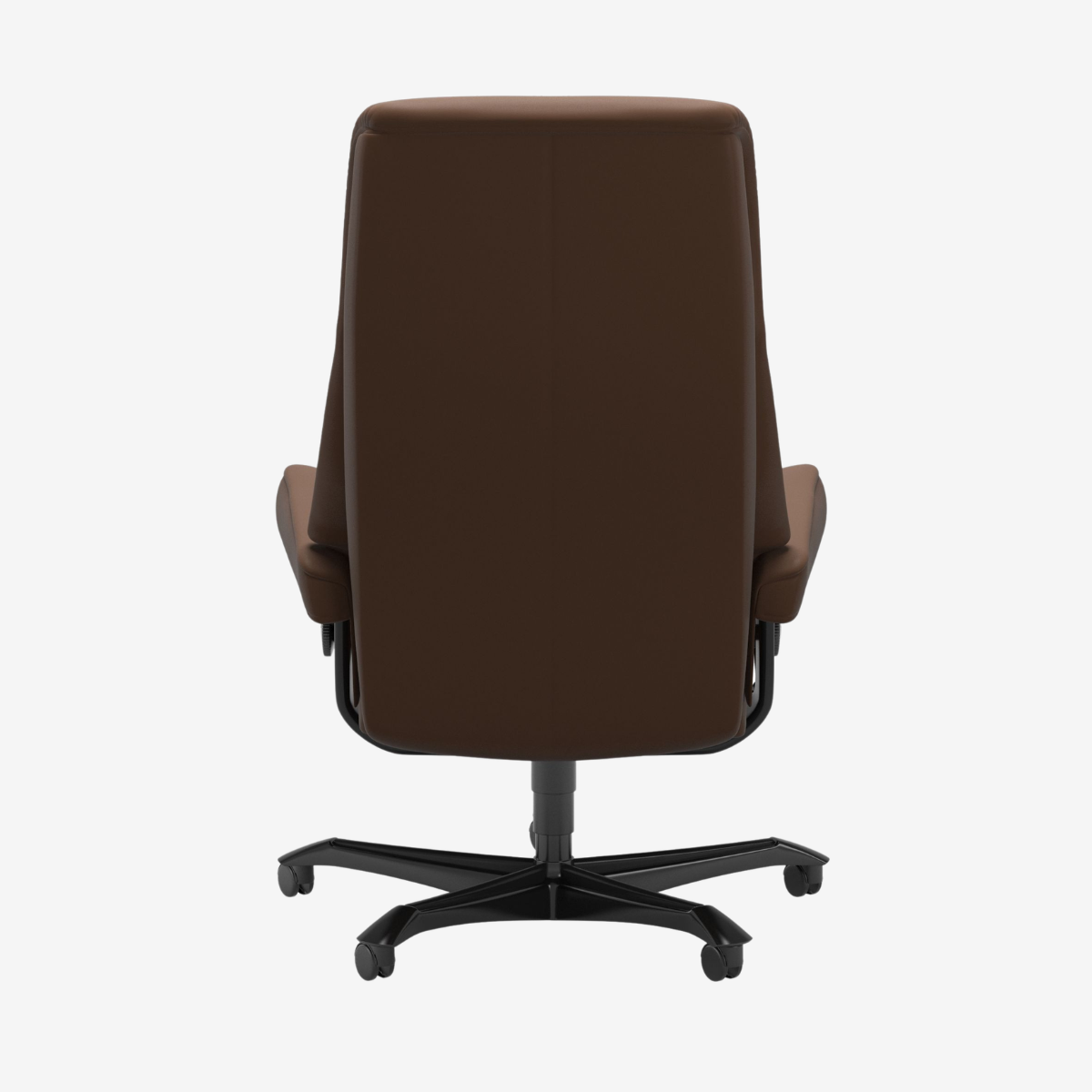 A high-back brown upholstered office chair with a black five-star wheeled base, shown from the rear on a light gray background.
