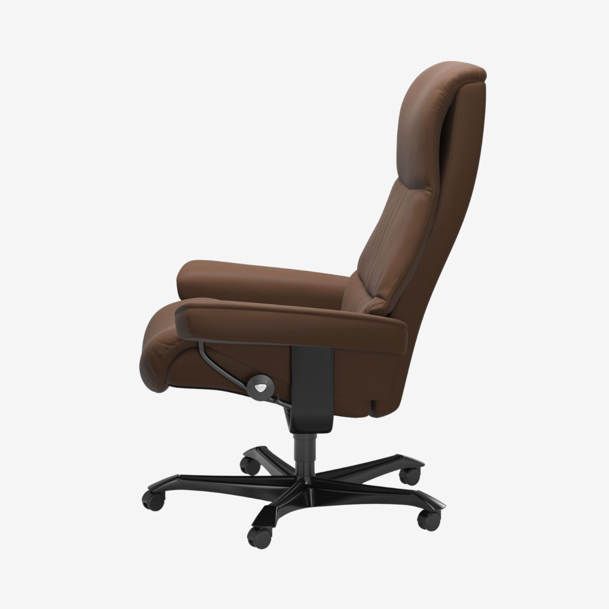 A brown leather high-back office chair with a black five-star wheeled base, shown from a side profile view against a plain white background.