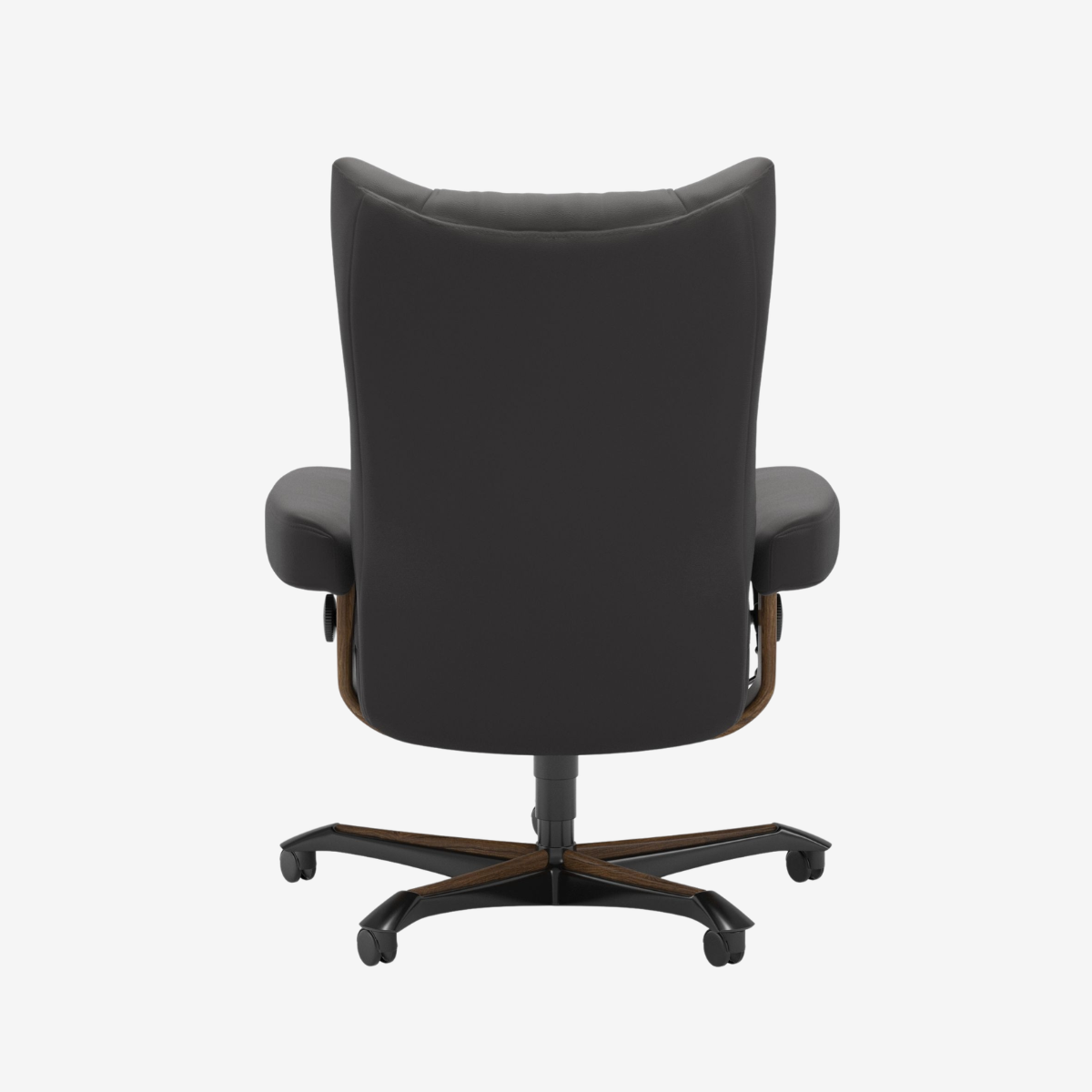 A high-back office chair upholstered in dark gray fabric, featuring brown wood-look metal supports and a black five-star wheeled base, shown from the rear on a light gray background.
