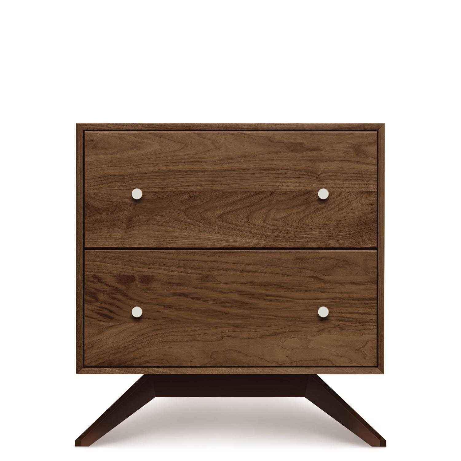 Astrid Two Drawer Nightstand in Walnut with Dark Chocolate Legs - Urban Natural Home Furnishings. Nightstands, Copeland