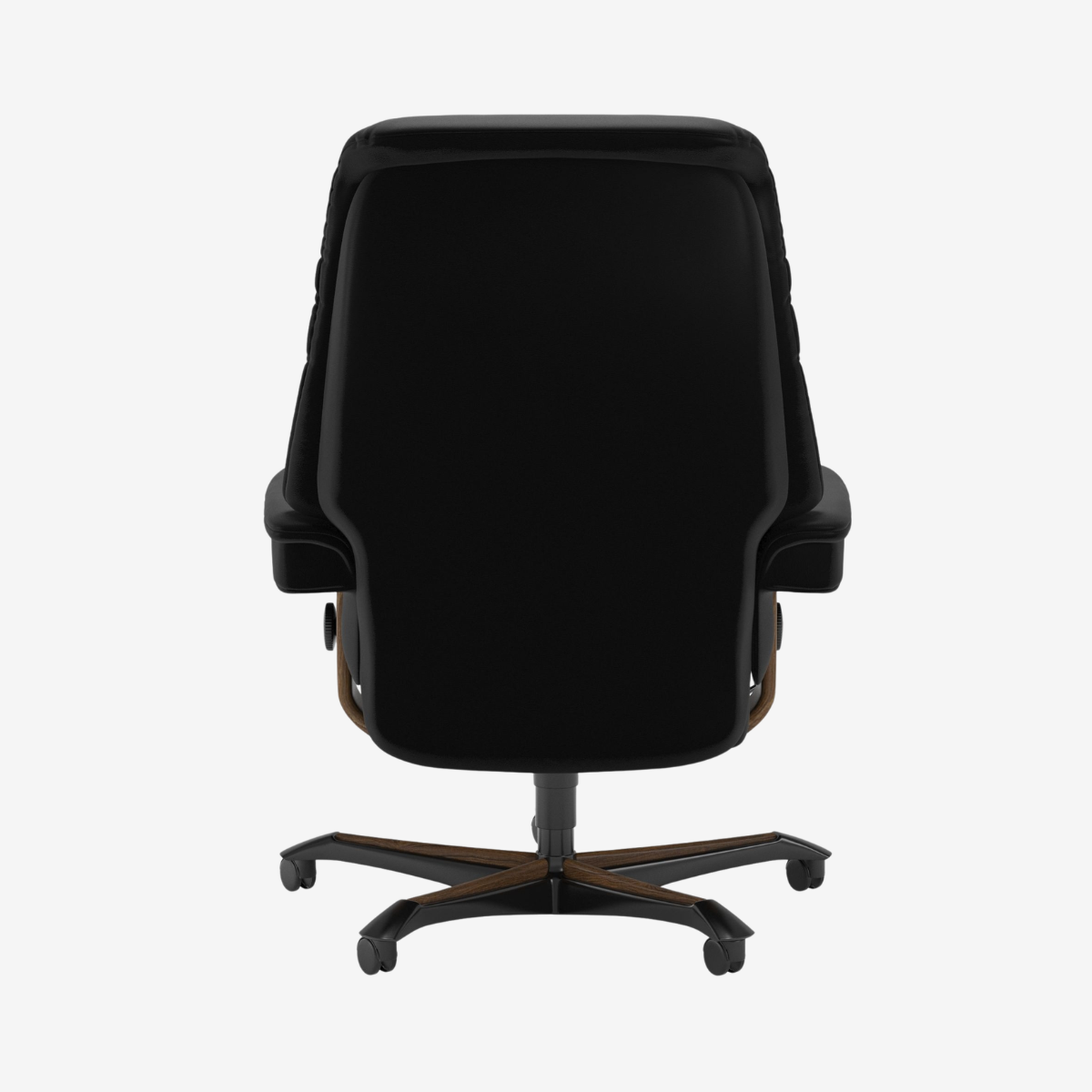 A black high-back office chair with a five-star wheeled base, shown from the rear against a light gray background.