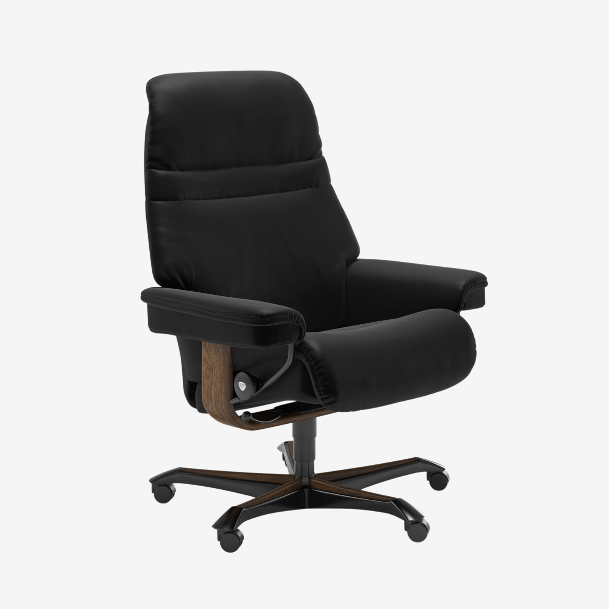 A modern black leather office chair with a high back, padded armrests, and a dark wood five-star wheeled base, shown against a plain light gray background.