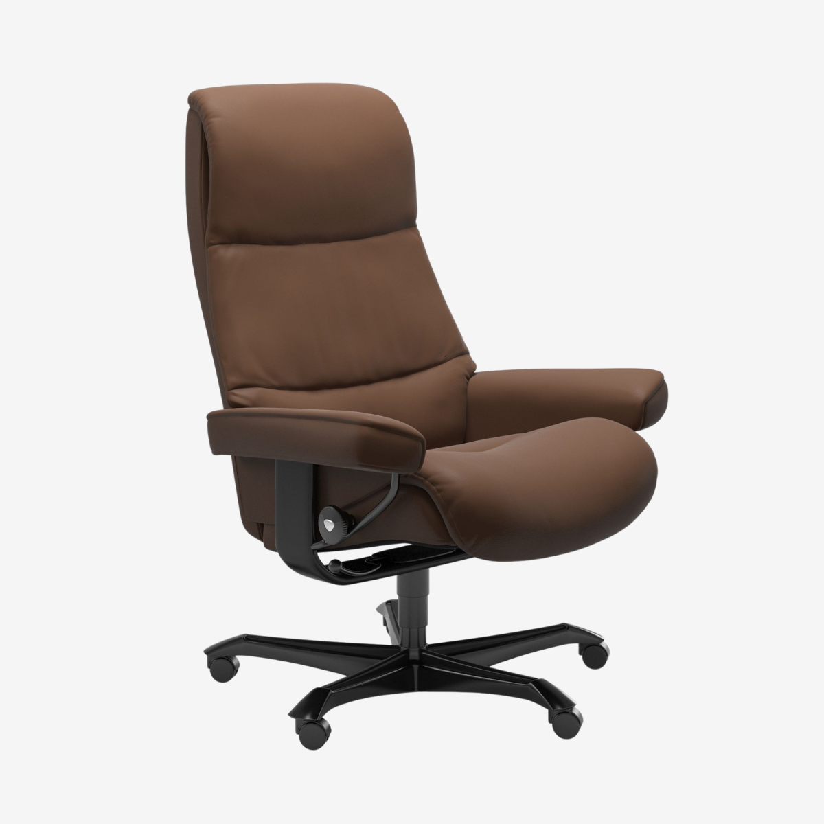 A brown upholstered office chair with a high back, padded armrests, and a black five-wheel base, shown on a plain light gray background.