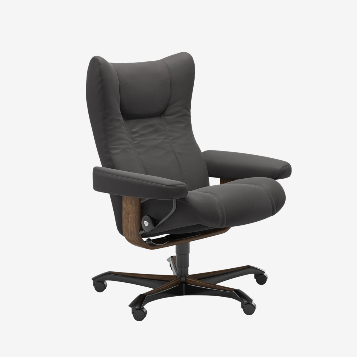 A dark gray upholstered office chair with a high back, padded armrests, and a five-star black base with wood-toned accents, shown on a light gray background.