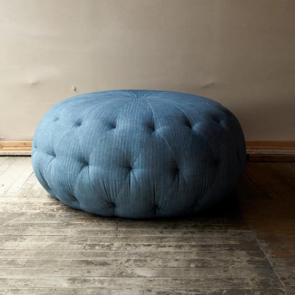 Folk Pouf Wide - blue, round pouf, large modern ottoman 